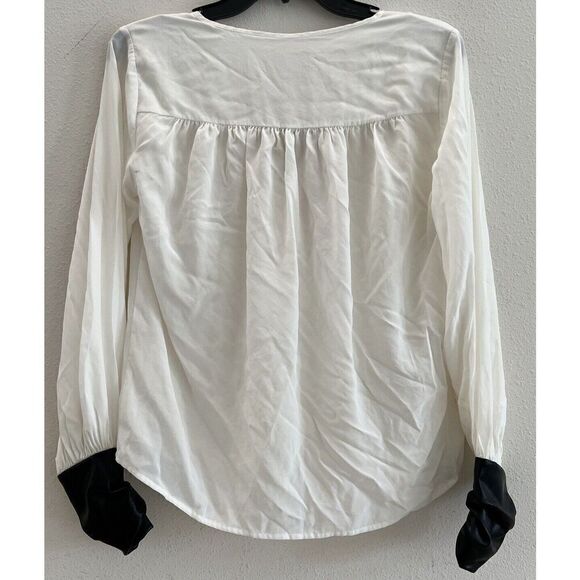 Cinq à Sept Francis Silk Blouse Faux Leathers Cuff Button Front Ivory/Black - Picture 16 of 16